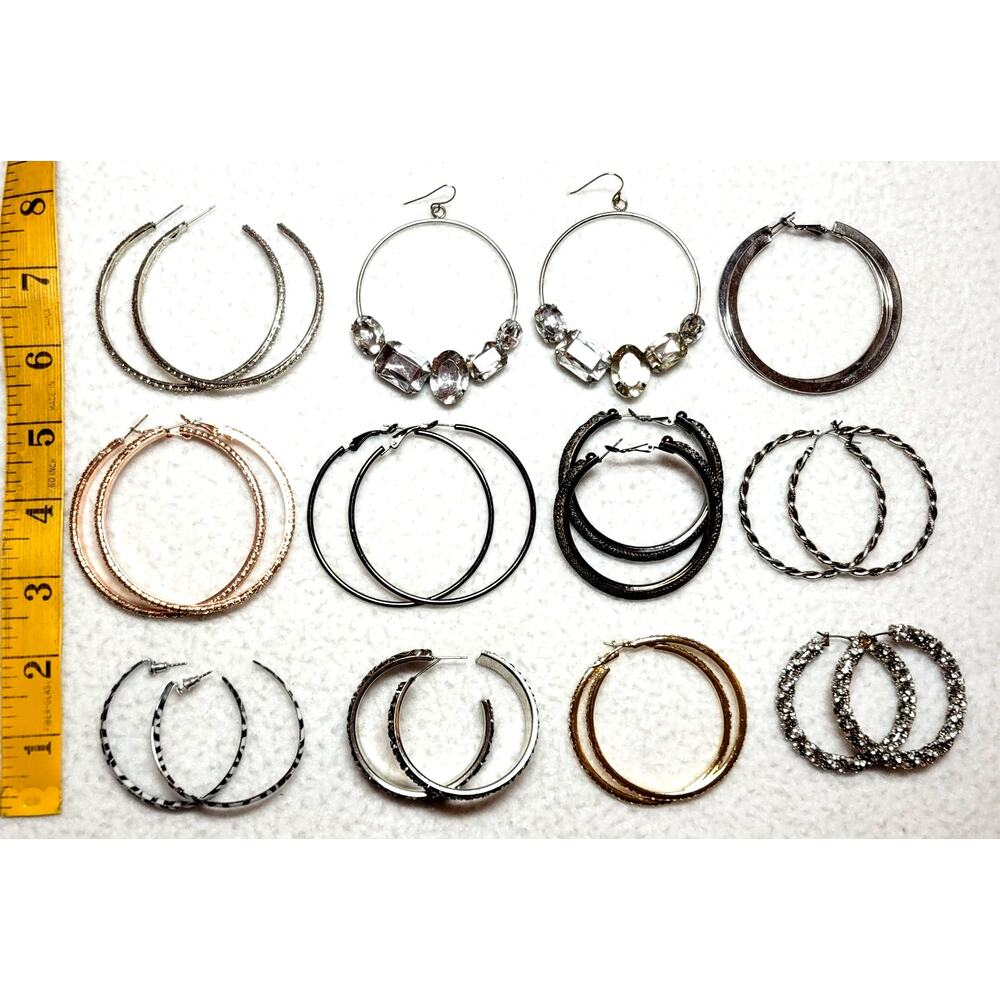 Hoops Earrings Lot 2-2.5" Rhinestones Silvertone Goldtone Y2K Streetwear Baddie - Picture 2 of 5